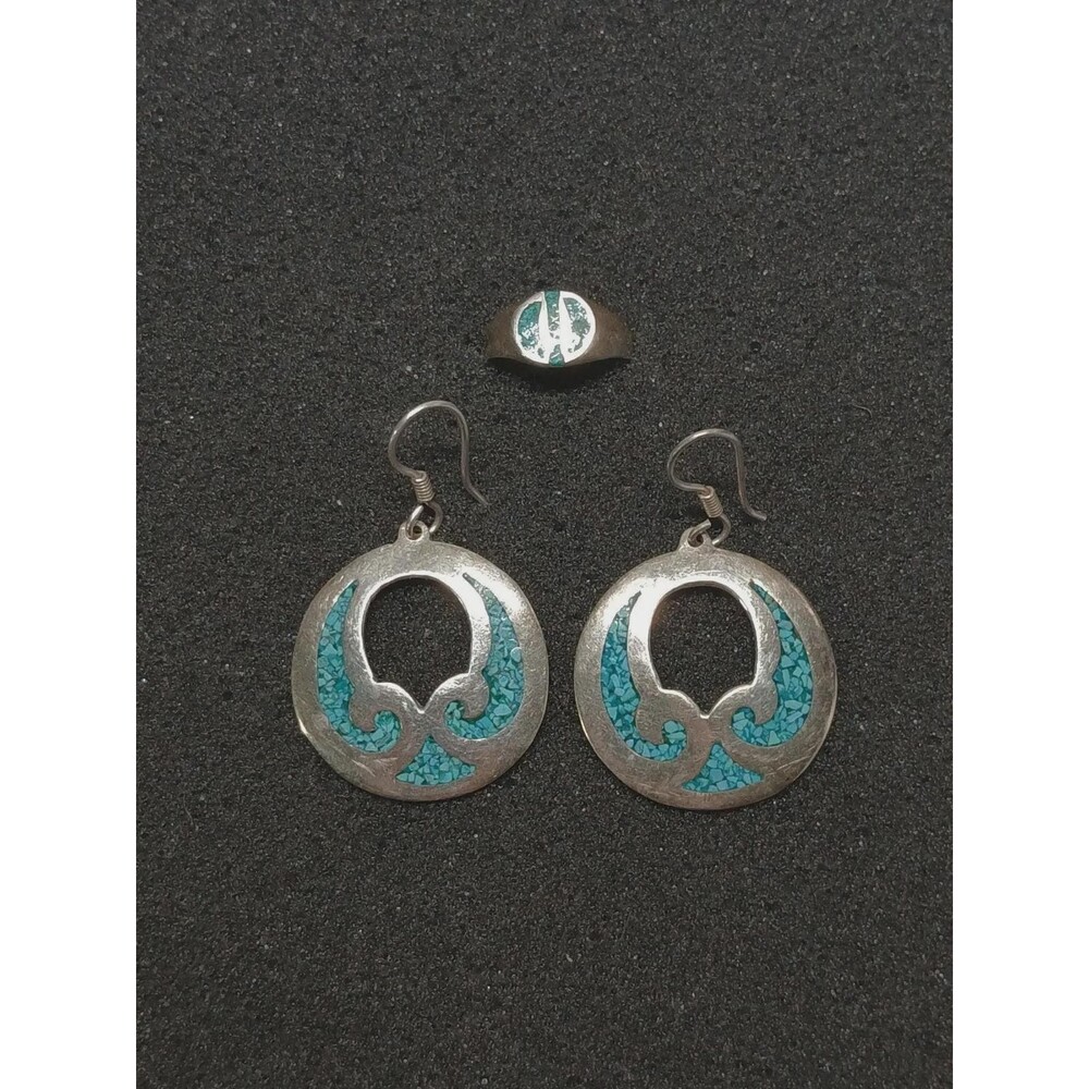 Vintage Taxco Sterling Silver Turquoise Inlay Earrings & Ring Set 925 Mexico Sz